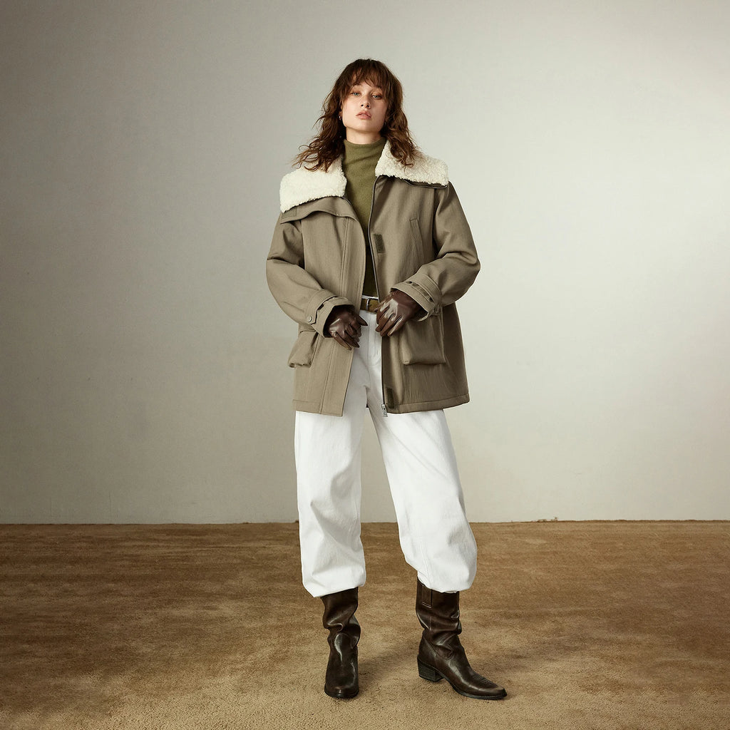 Women's Quilted Coat – Navy Blue Plush Collar, Retro Style