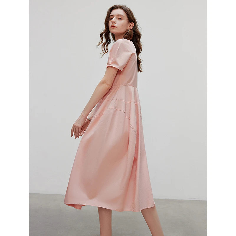 Robe femme mi-mollet été A-Line manches bouffantes col V avec poches