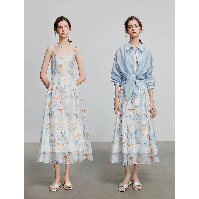 Robe femme mi-mollet été A-Line sans manches bretelles spaghetti imprimée