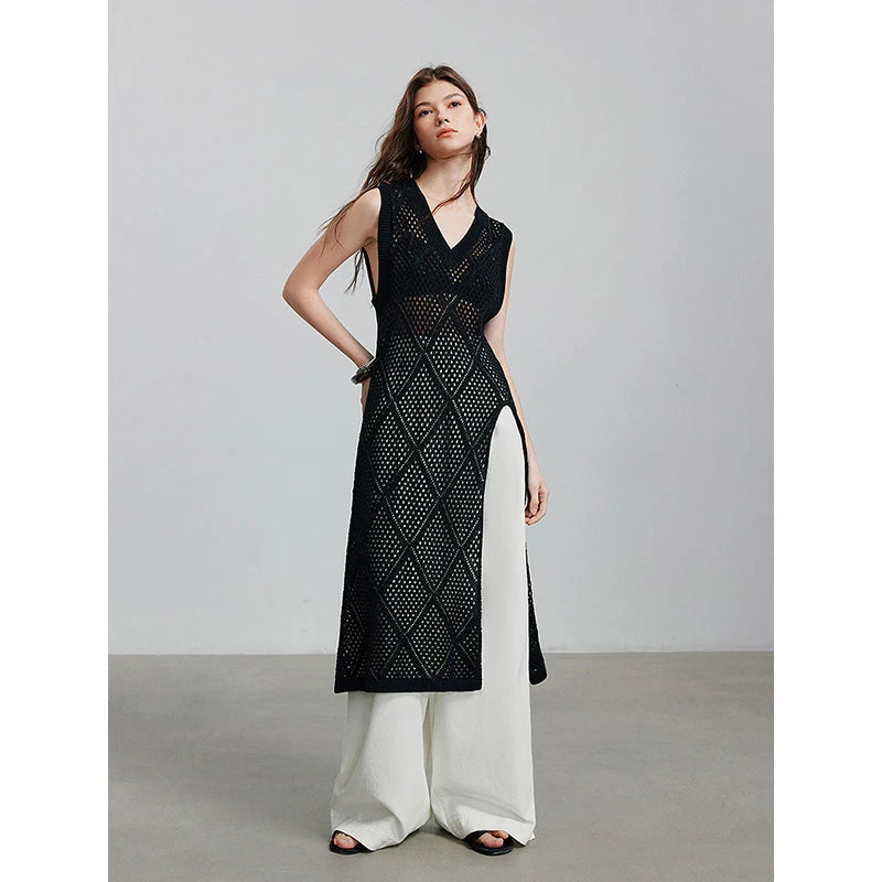 Damen Sommerkleid wadenlang A-Linie ärmellos V-Ausschnitt durchbrochen