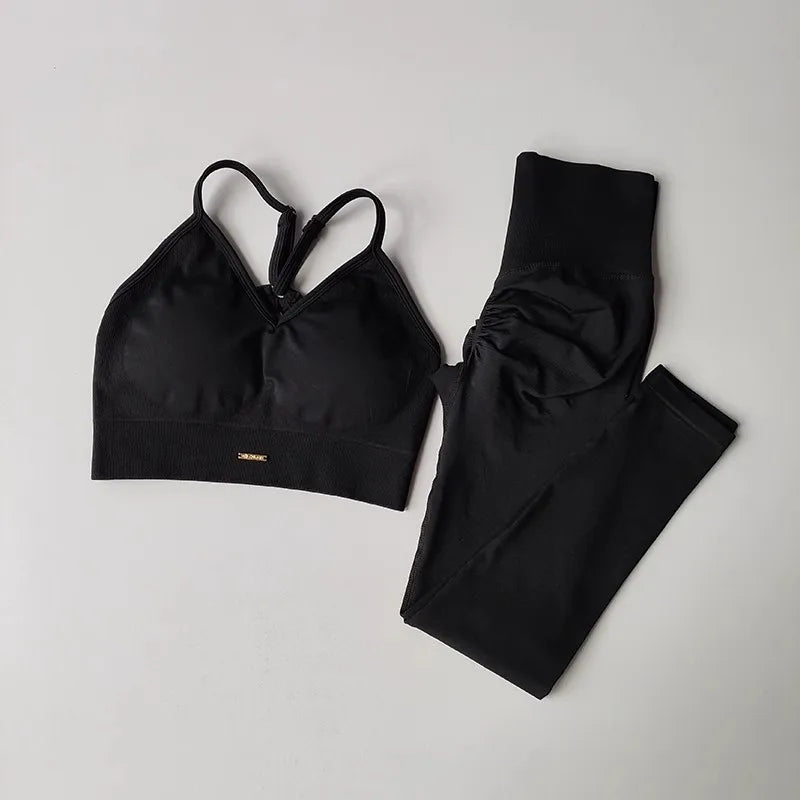 Ensemble de fitness femme seamless à col V, brassière de yoga et legging taille haute gainant