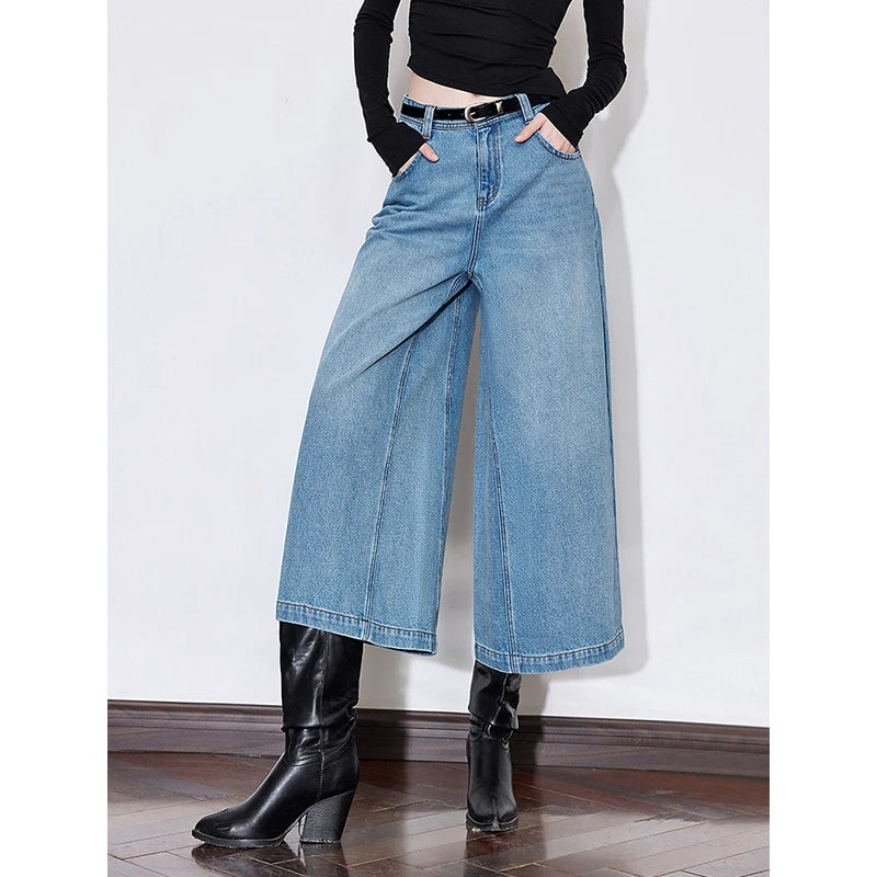 Jean femme taille mi‑haute coupe droite large longueur cheville