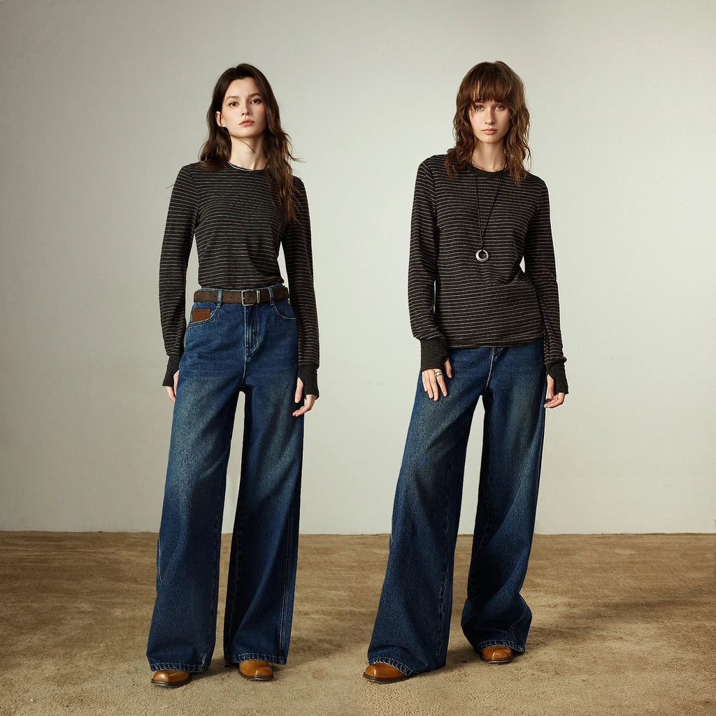 Jeans Femme – Jambe Large, Design Fendu, Contraste de Couleurs, Denim Structuré