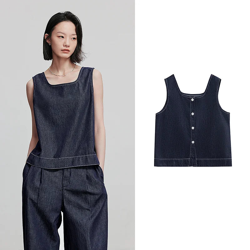 Chemise femme sans manches col carré en coton & lyocell