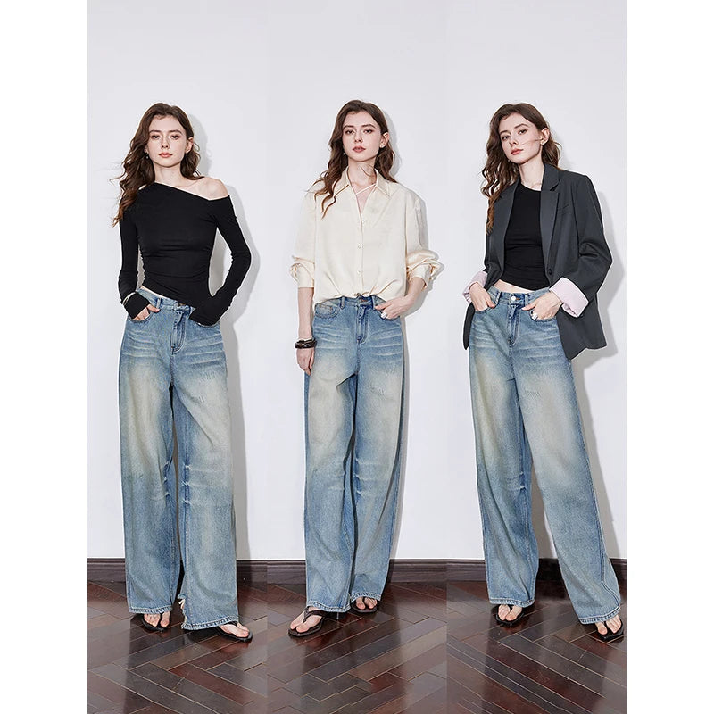 Jean femme taille mi‑haute coupe droite large longueur longue
