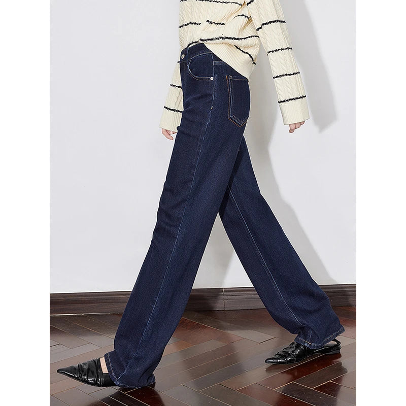 Jean femme doublé chaud taille mi-haute coupe droite large