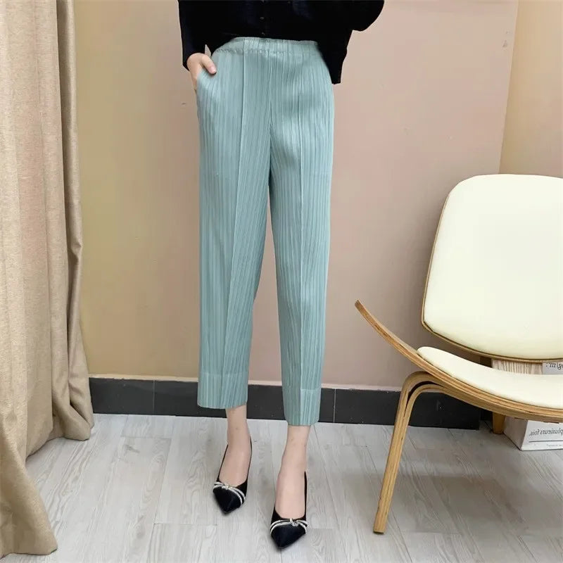Miyake Pleated Straight Leg Pants, Women's Elastic Waist Cropped Pants, Casual and Versatile Small Leg Pants