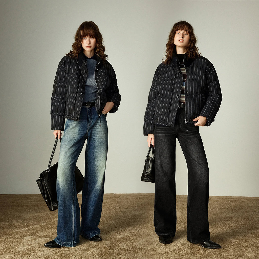 Women's Puffer Jacket - Feathers, Knitted High Collar, Stripes