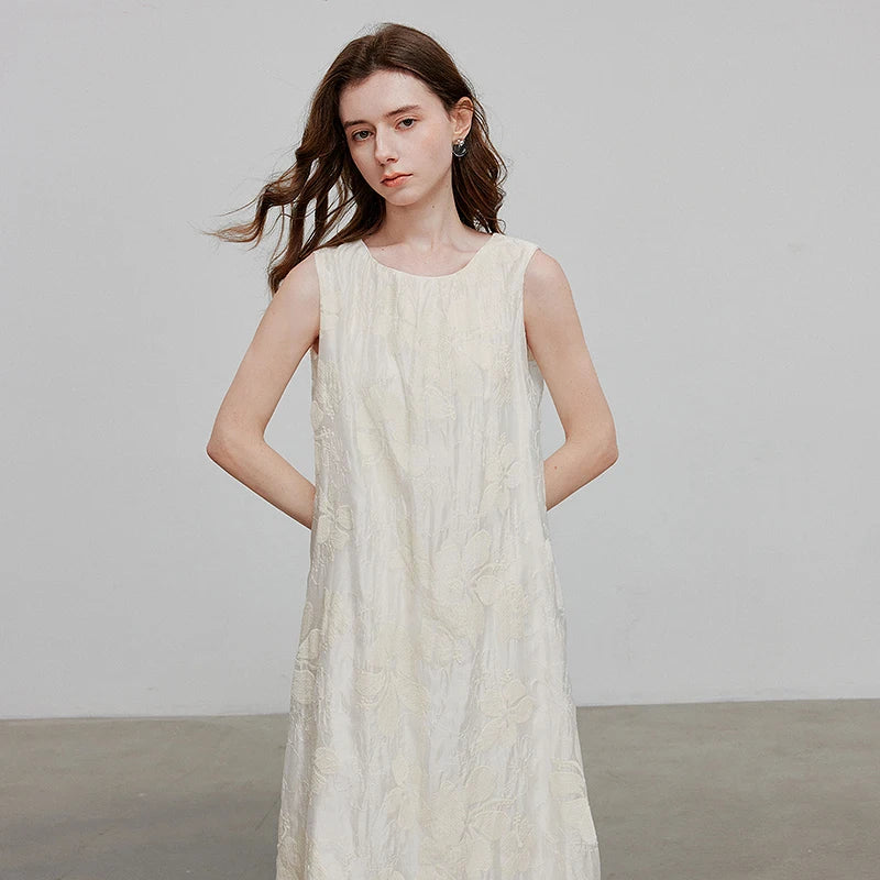 Women's A-Line Mid-Calf Summer Dress, Sleeveless, Round Neck, Embroidered