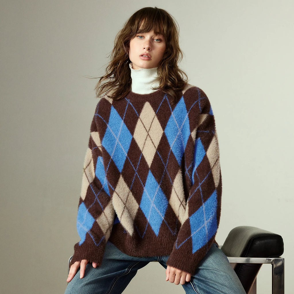 Pull Femme  – Style Nordique Argyle, Effet Mink, Col Rond