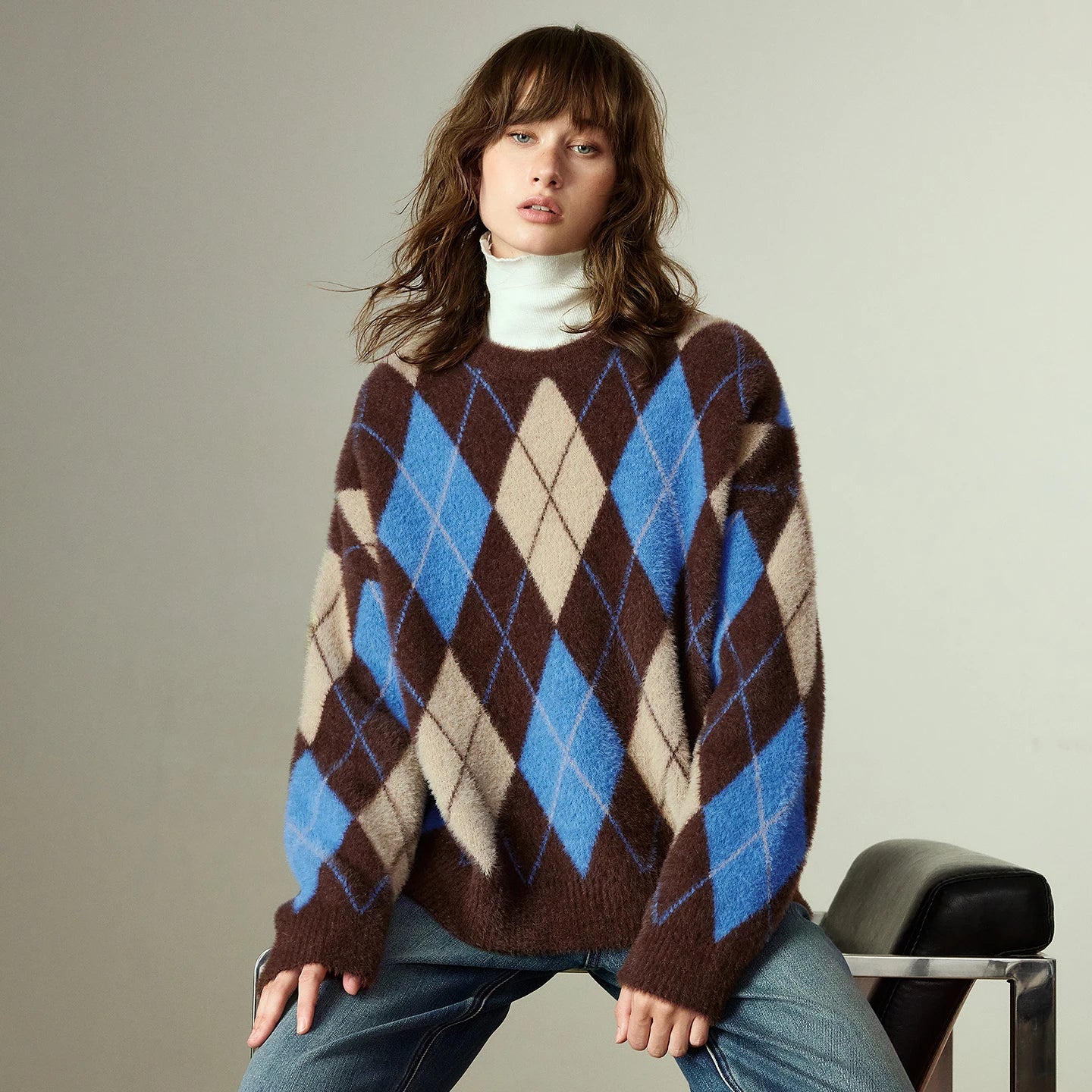 Pull Femme  – Style Nordique Argyle, Effet Mink, Col Rond