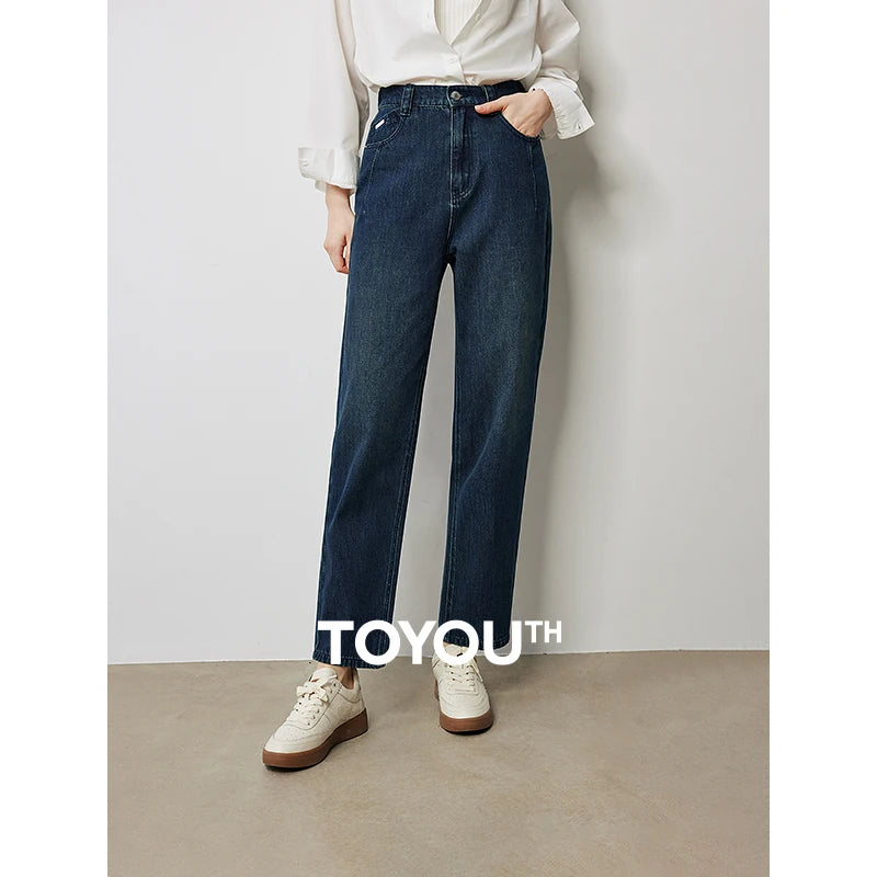 Jean femme taille haute élastique coupe harem longueur cheville