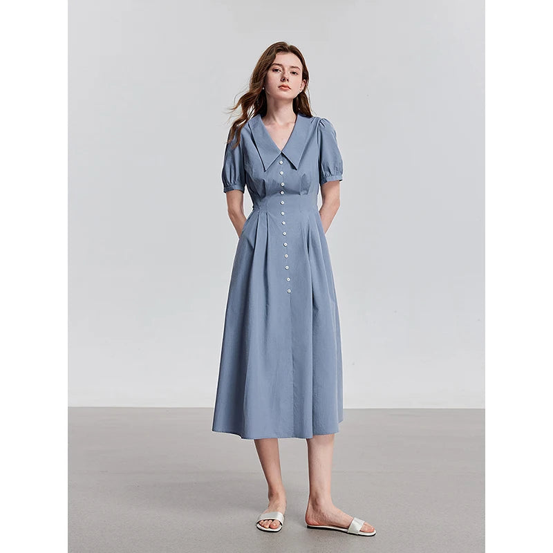 Women's mid-calf summer A-line dress with puff sleeves and Peter Pan collar