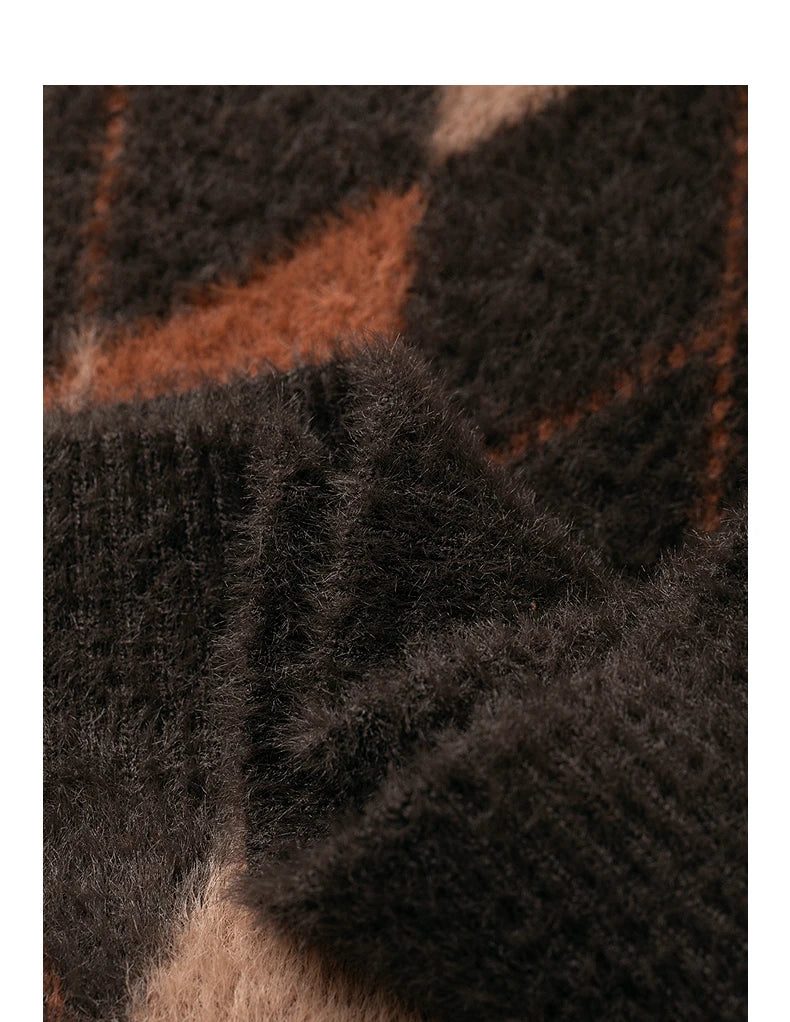 Pull Femme  – Style Nordique Argyle, Effet Mink, Col Rond