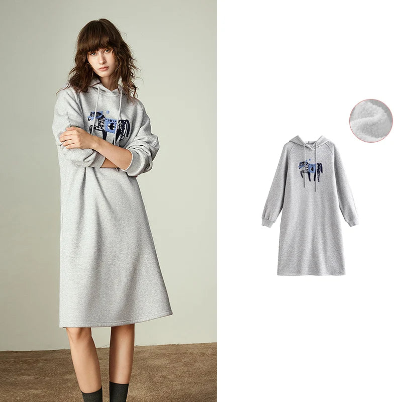 Damen-Sweatshirtkleid – Kapuze, Pferde-Stickerei, weiches Fleece-Material, lockere, mittellange Passform