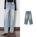 Damenjeans, mittelhoher Bund, weites gerades Bein, lange Länge