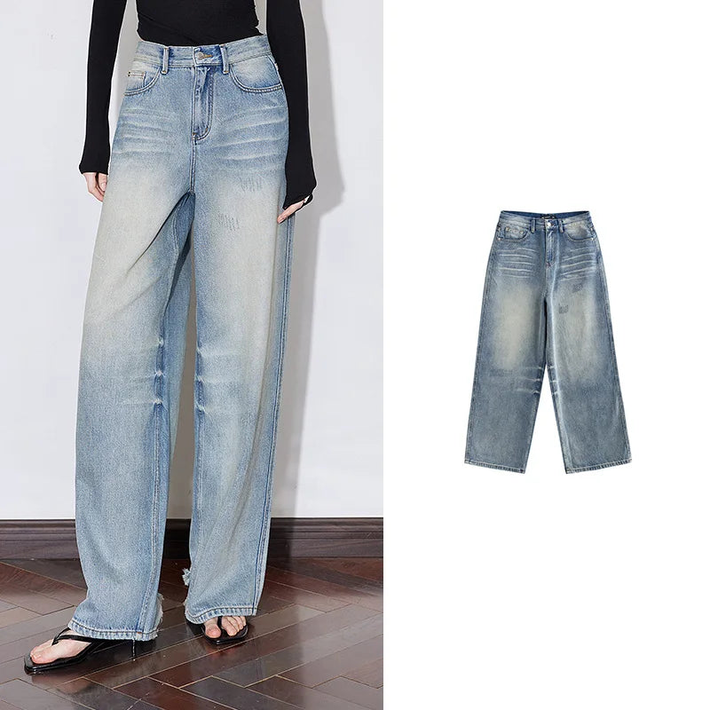 Jean femme taille mi‑haute coupe droite large longueur longue