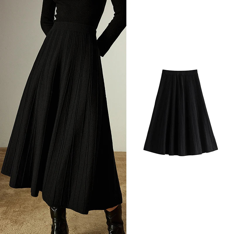 Jupe Midi Noire Femme – Taille Élastique au Dos, Maille Côtelée 3D, Coupe