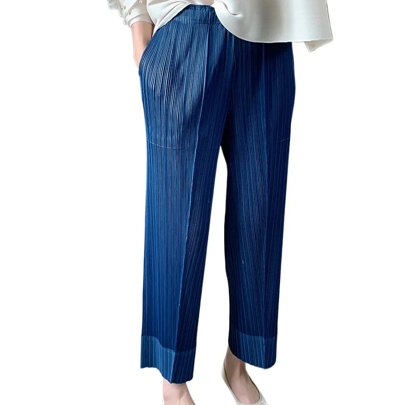 Miyake Pleated Straight Leg Pants, Women's Elastic Waist Cropped Pants, Casual and Versatile Small Leg Pants