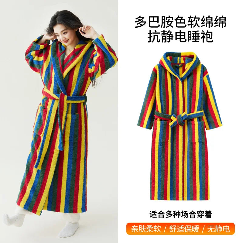 Peignoir Velours Rayé Couple Manches Longues