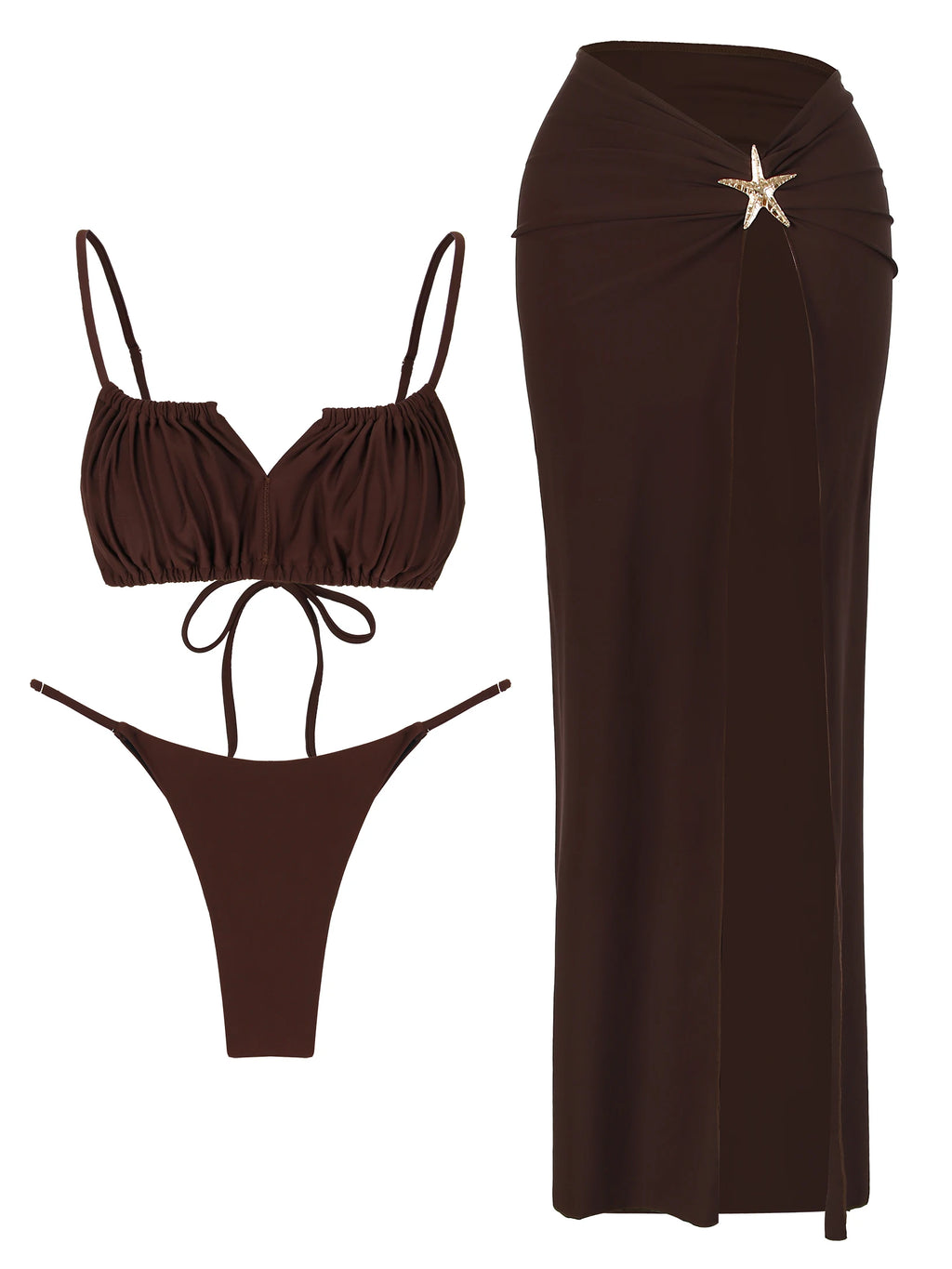 Bikini 3 Pièces Étoile de Mer - Maillot de Bain avec Volants, Coupe Haute et Robe Plage Longue