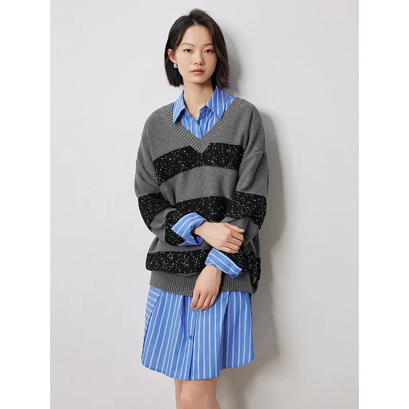 Robe femme mi-genou automne style office rayée à manches longues