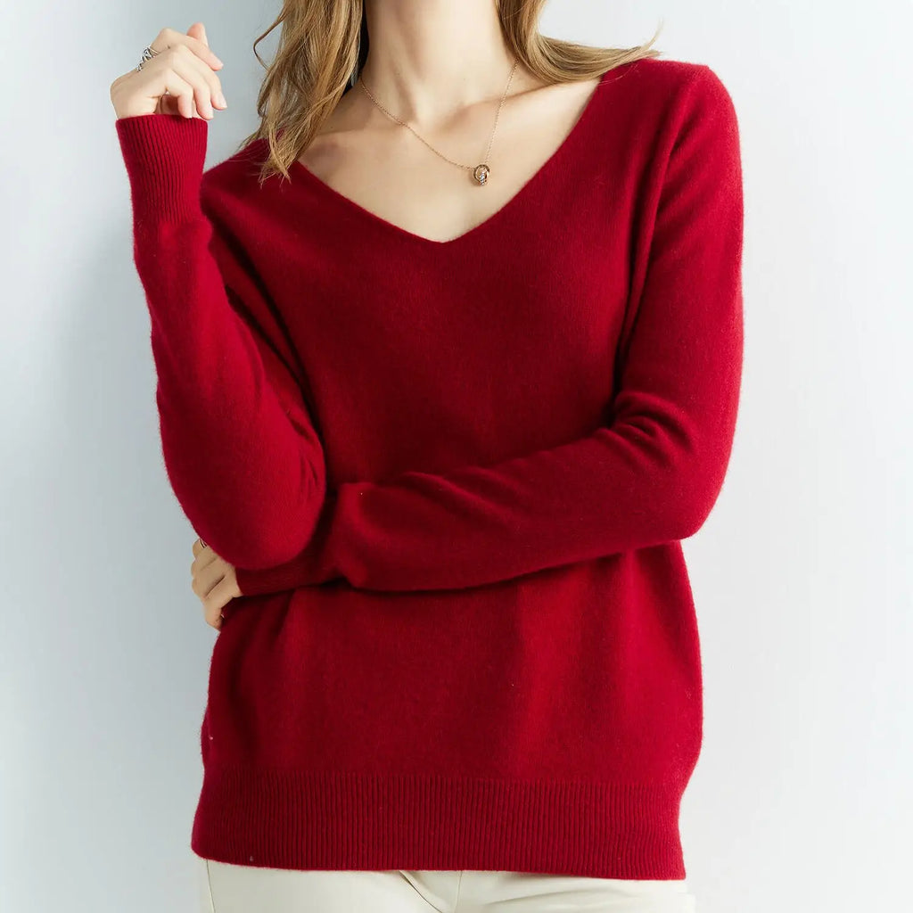 Pull en cachemire – 100 % laine mérinos, col V, manches longues