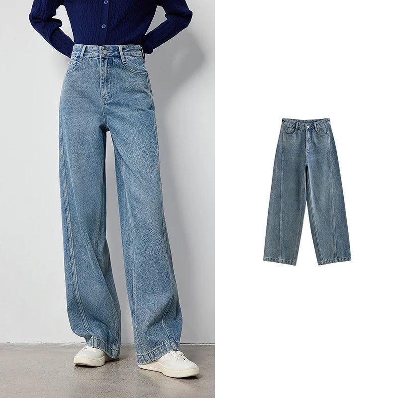 Jean femme taille haute coupe droite large avec fente