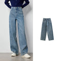Jean femme taille haute coupe droite large avec fente