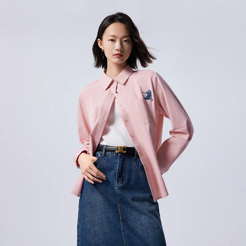 Damen Langarmhemd Streetwear mit Print und Kragen