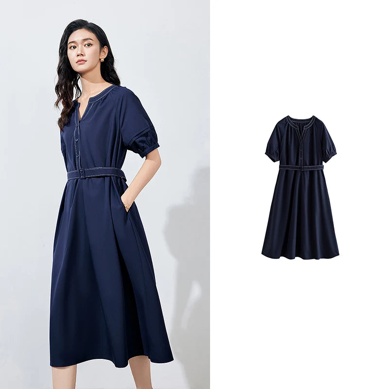 Damenkleid Kurzarm Rundhals mit Gürtel Marineblau