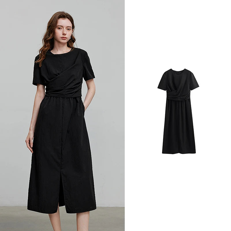 Robe femme mi‑mollet été A-Line manches courtes col rond