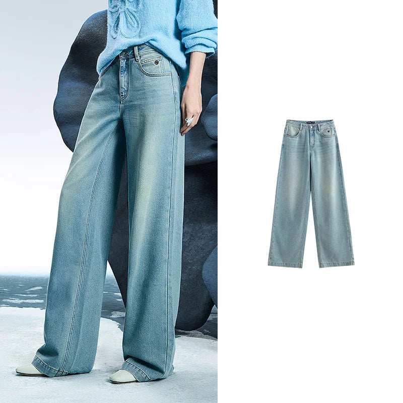 Jean femme taille mi-basse coupe droite large slim fit