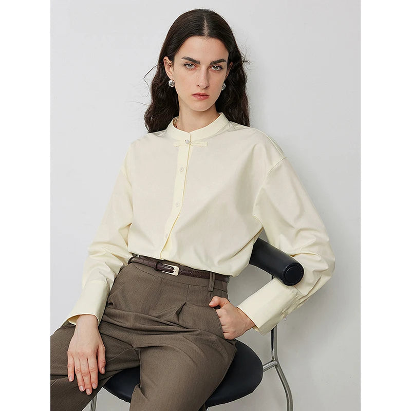 Women's long-sleeved shirt with a stand-up collar, casual Chinese style