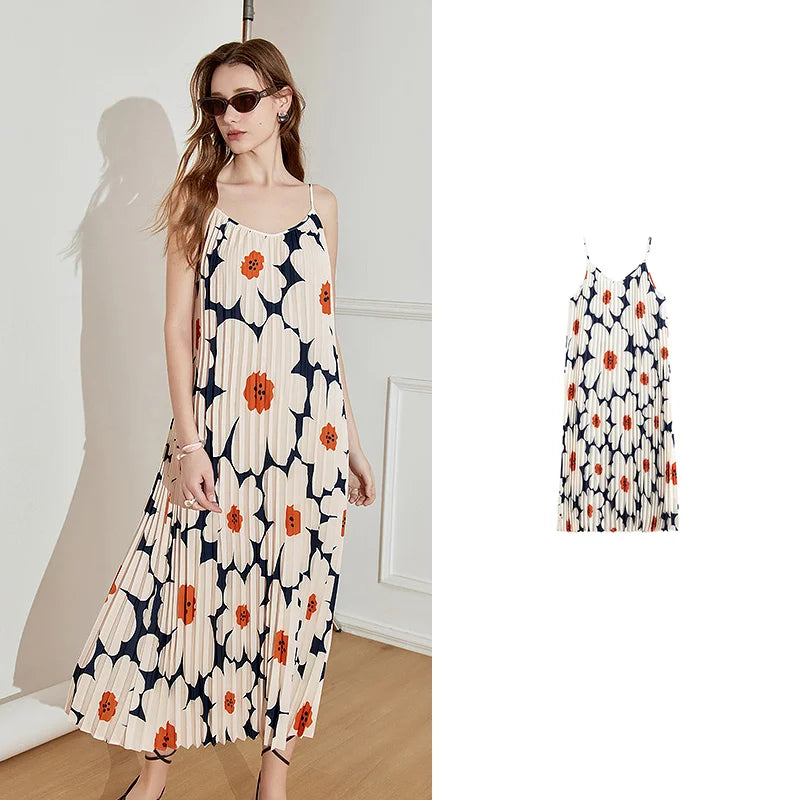 Robe femme mi-mollet été droite à bretelles spaghetti motif floral