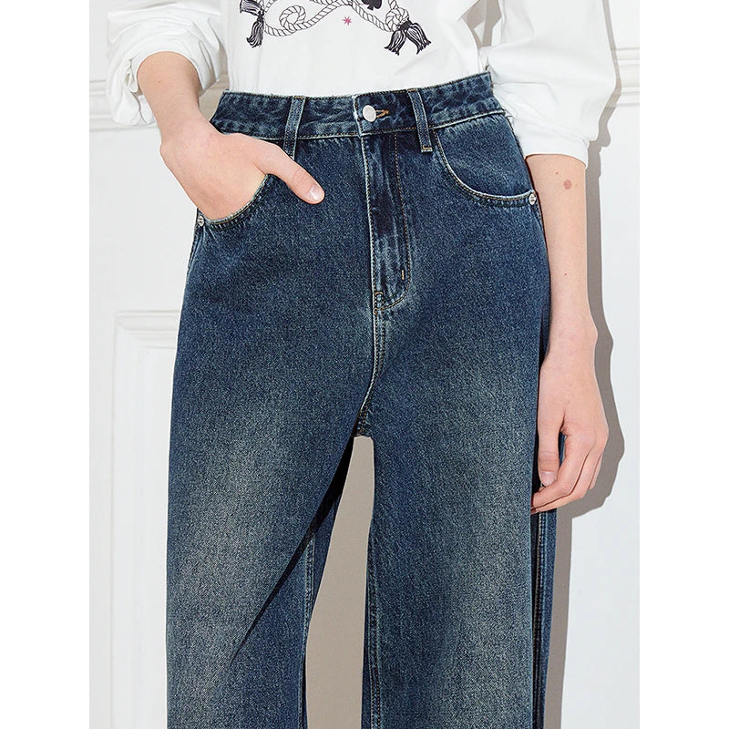 Jean femme taille mi‑haute délavé coupe droite large style rétro
