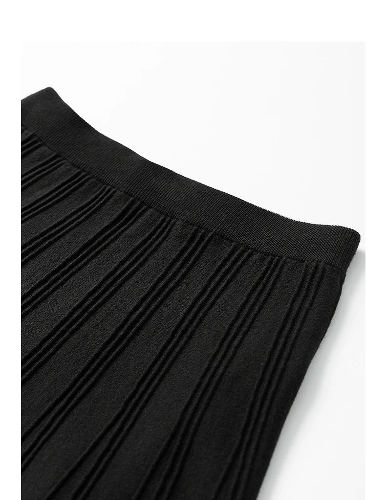 Jupe Midi Noire Femme – Taille Élastique au Dos, Maille Côtelée 3D, Coupe