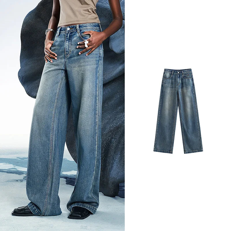 Jean femme taille mi-basse coupe droite large slim fit