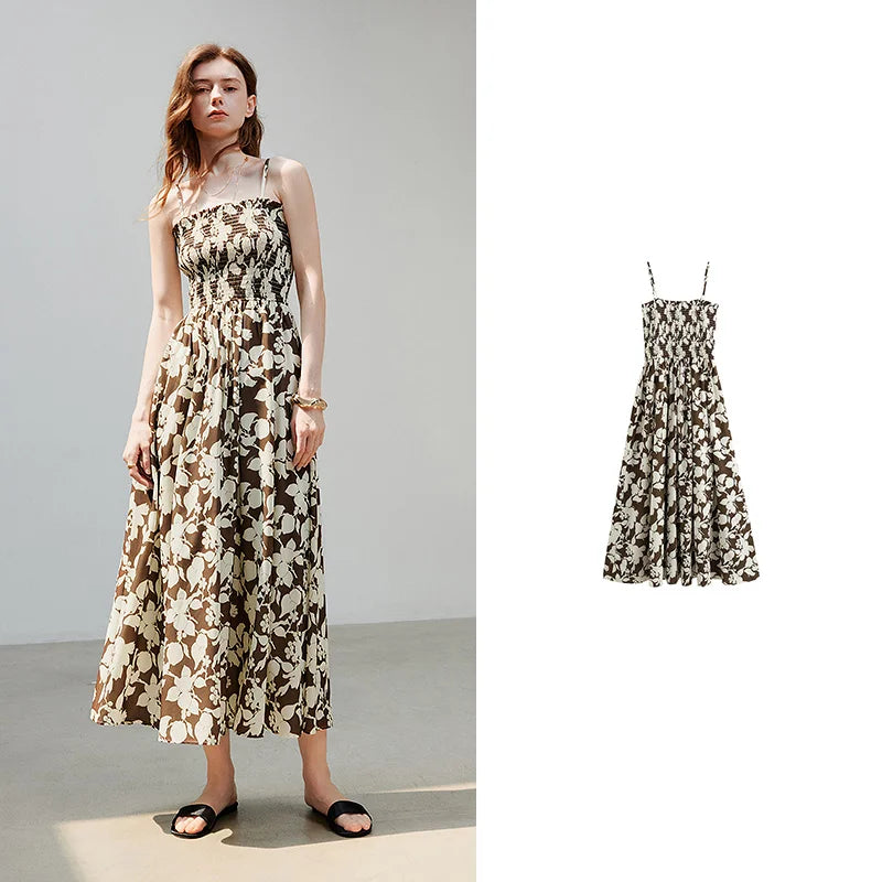 Robe femme mi-mollet été A-Line sans manches à bretelles spaghetti motif floral