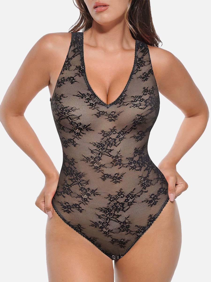 Wholesale Seamless Sexy Deep V-Neck Lace Shaping Thong Bodysuit