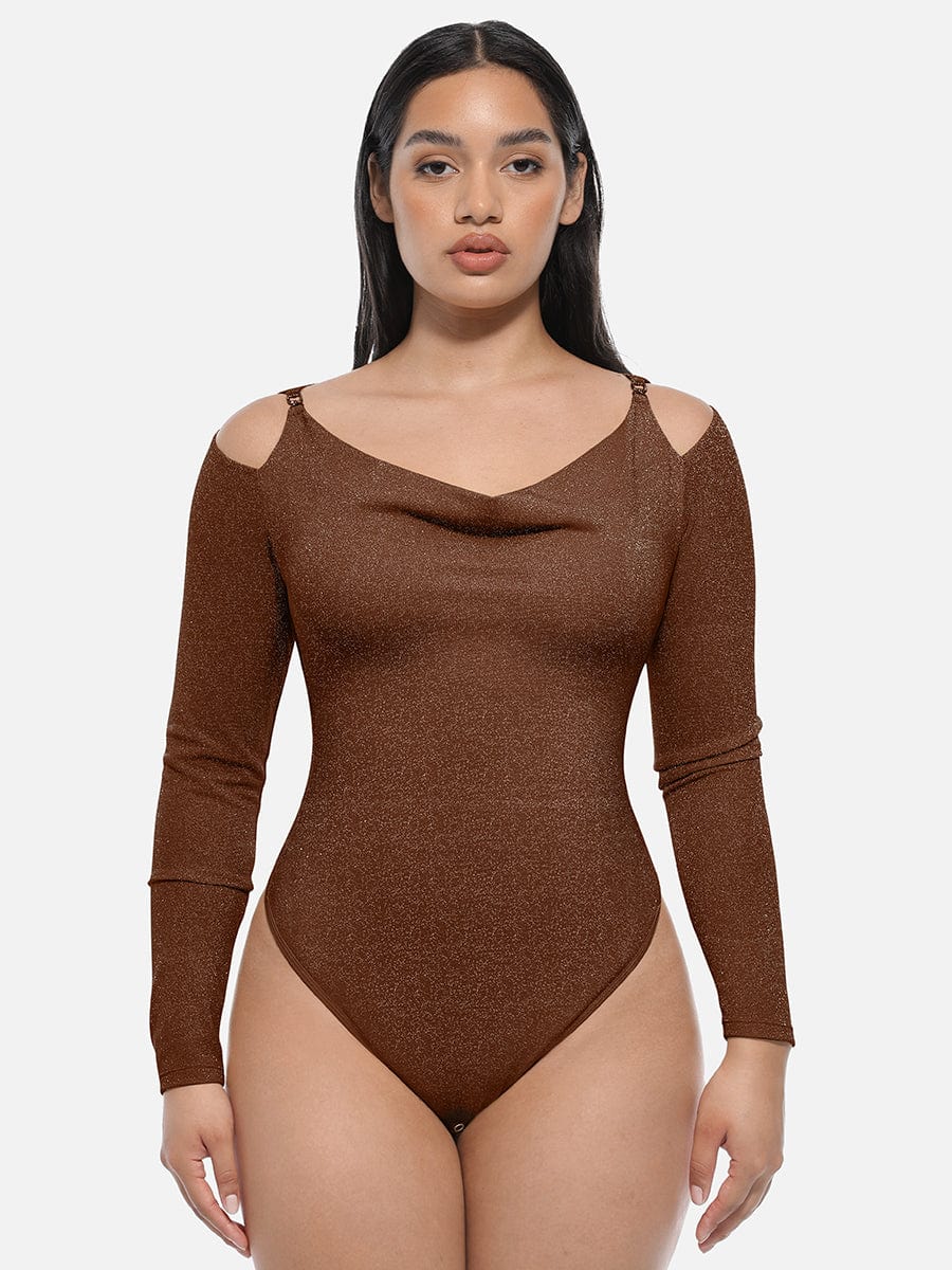 Wholesale Shiny Draped Neck All In One Shapewear Bodysuit with Built In Bra and Thong Snap Crotch
