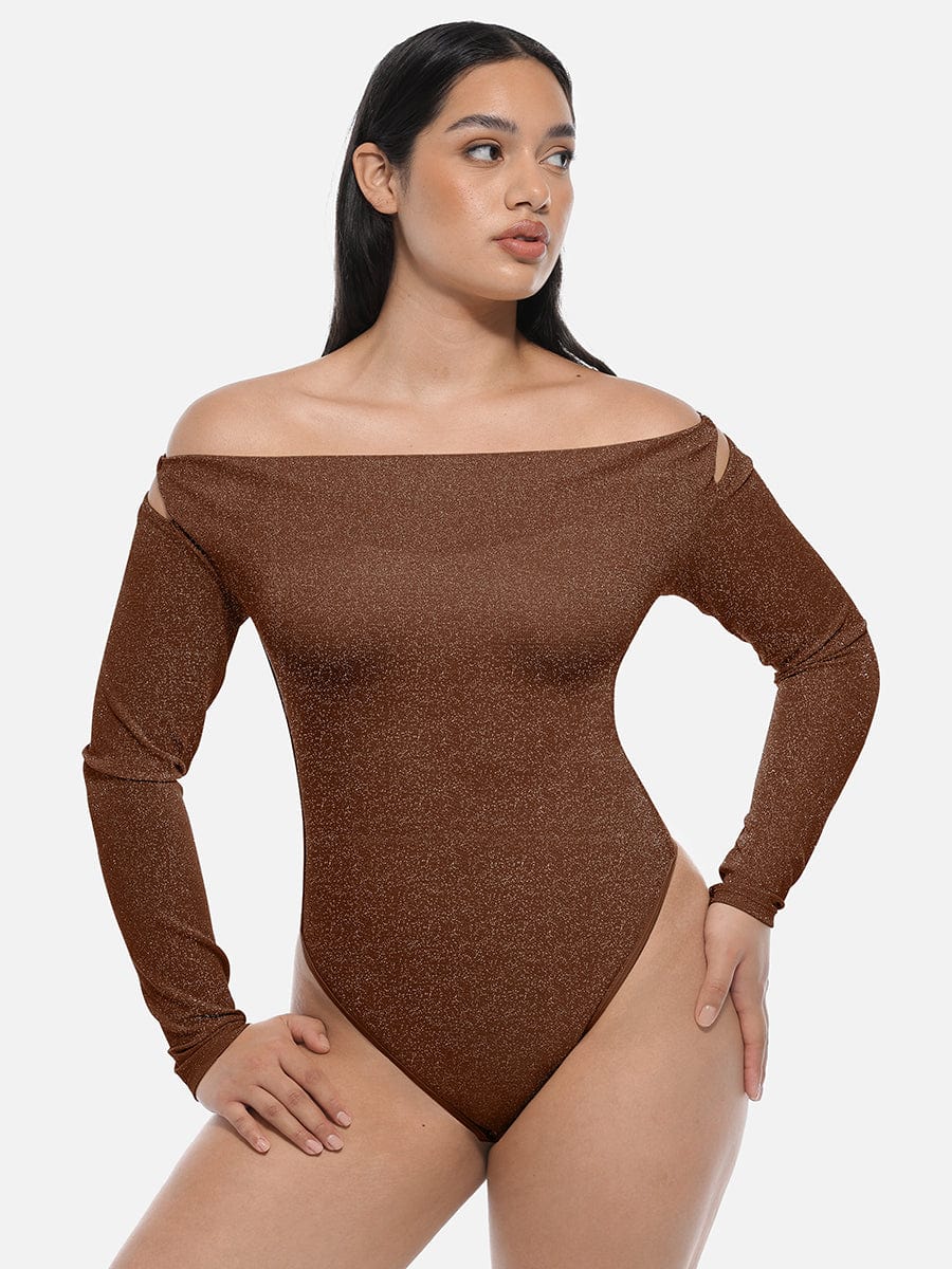 Wholesale Shiny Draped Neck All In One Shapewear Bodysuit with Built In Bra and Thong Snap Crotch