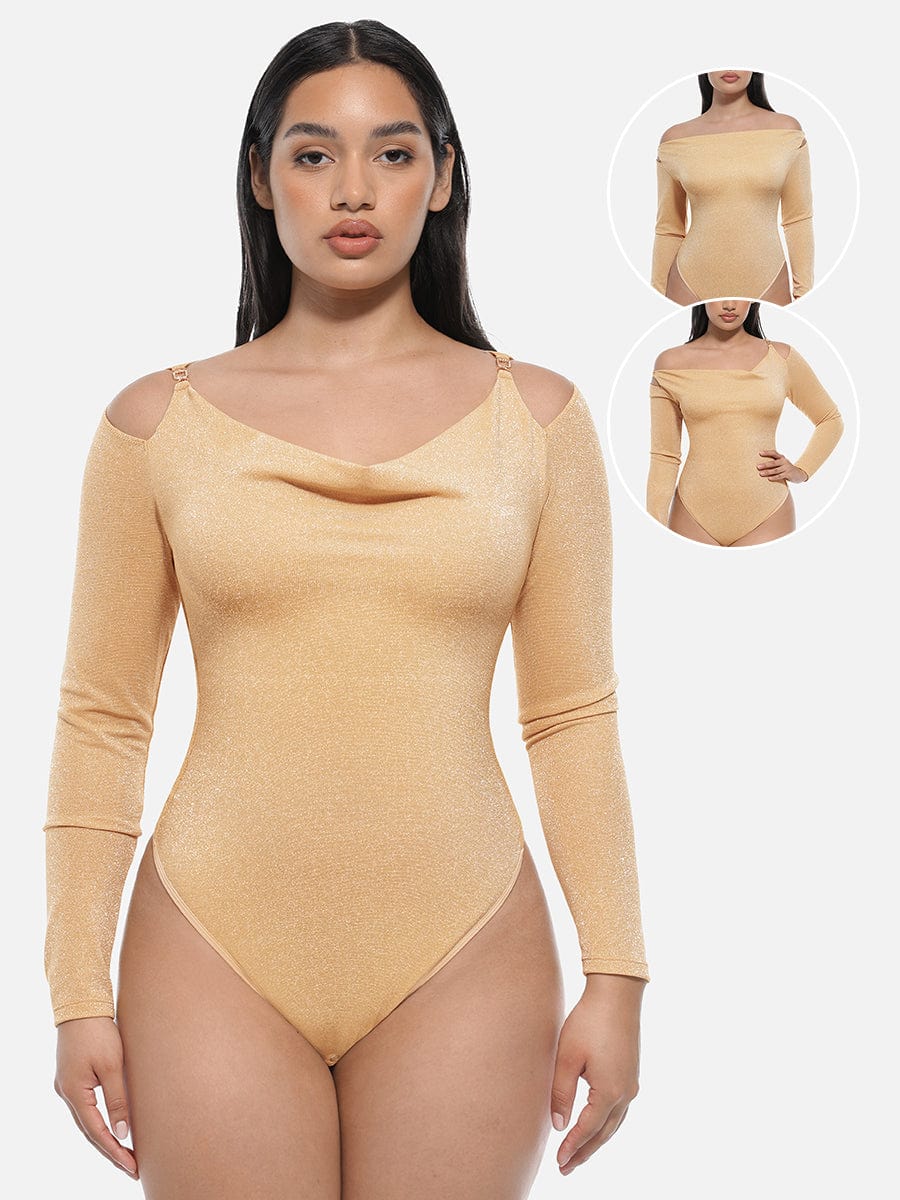 Wholesale Shiny Draped Neck All In One Shapewear Bodysuit with Built In Bra and Thong Snap Crotch