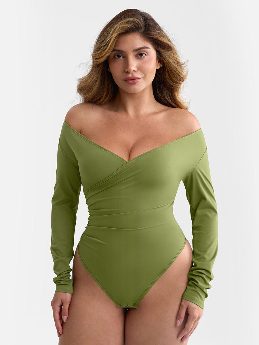 Wholesale Sexy V-neck Overlapping pleated Waist and Tummy Control Antibacterial Crotch Bodysuit