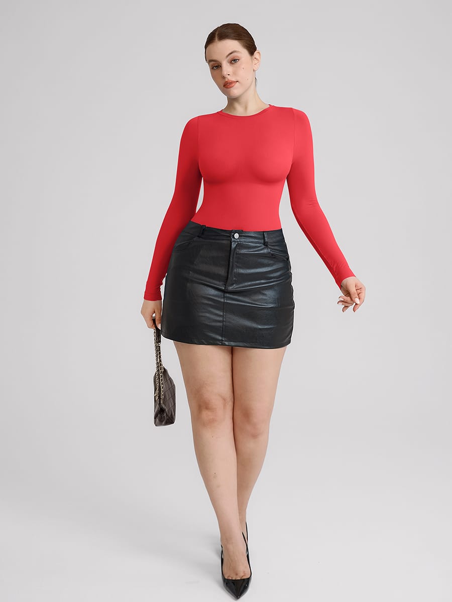 Wholesale Seamless Crew Neck Long Sleeve Tummy Control Snap Crotch Briefs Bodysuit SPU