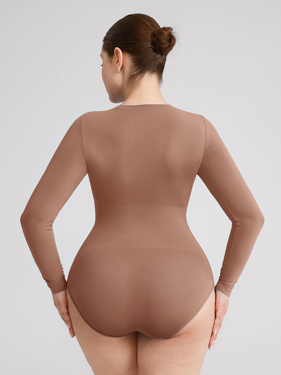 Wholesale Seamless Crew Neck Long Sleeve Tummy Control Snap Crotch Briefs Bodysuit SPU