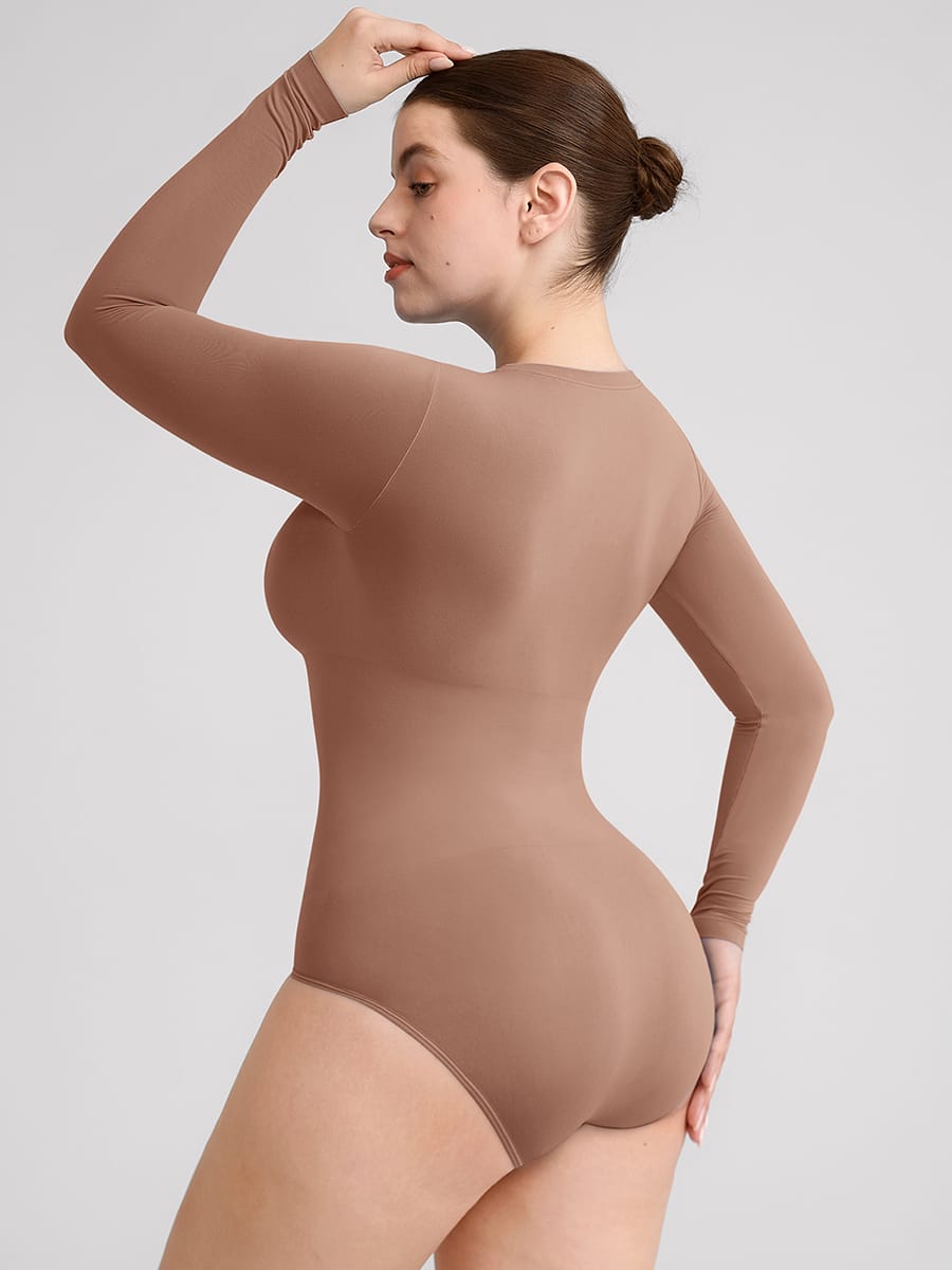 Wholesale Seamless Crew Neck Long Sleeve Tummy Control Snap Crotch Briefs Bodysuit SPU