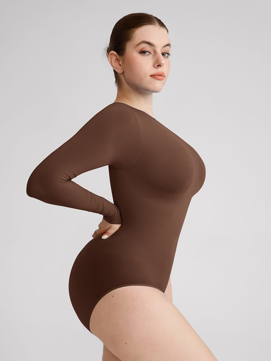 Wholesale Seamless Crew Neck Long Sleeve Tummy Control Snap Crotch Briefs Bodysuit SPU