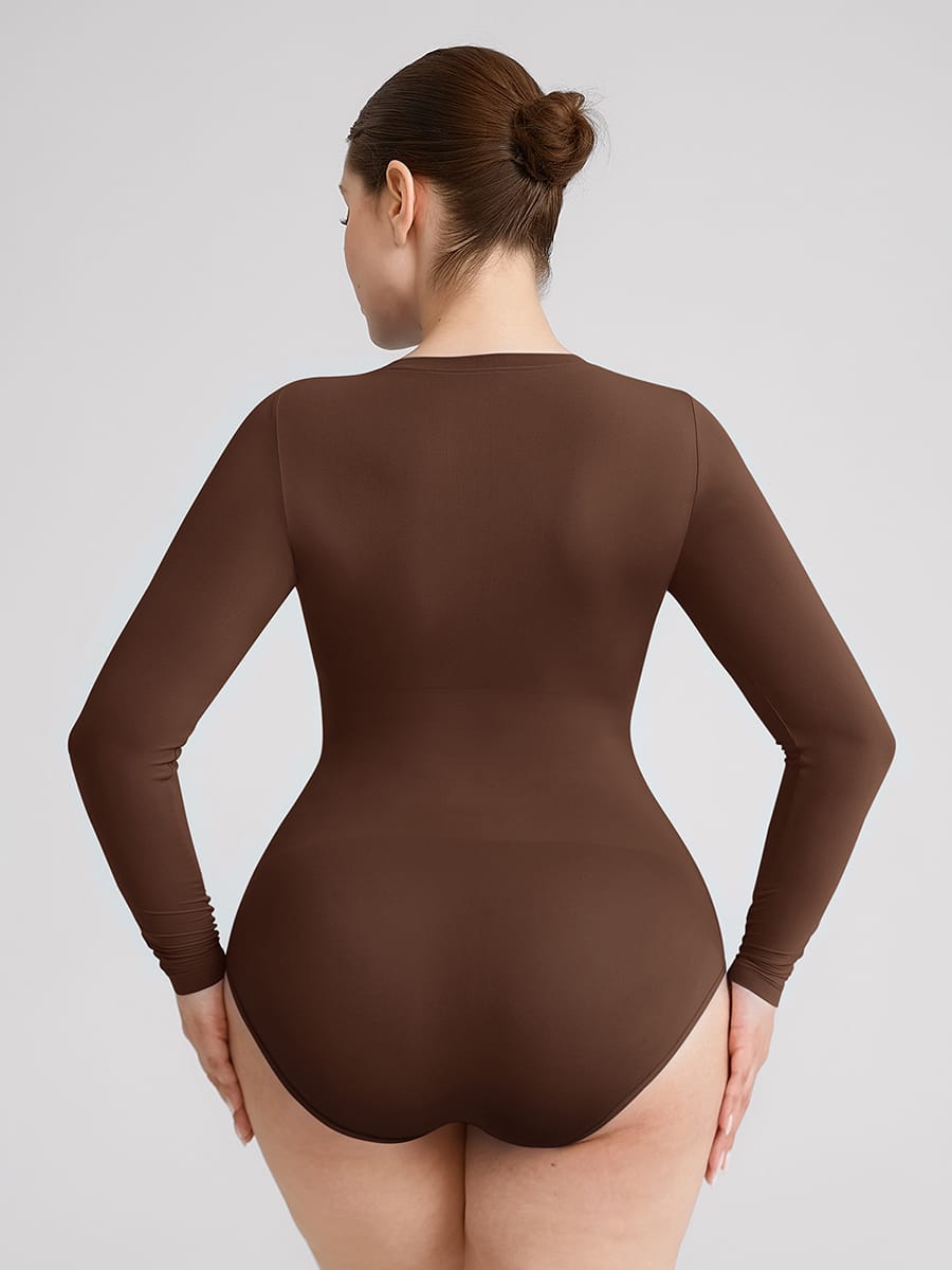 Wholesale Seamless Crew Neck Long Sleeve Tummy Control Snap Crotch Briefs Bodysuit SPU