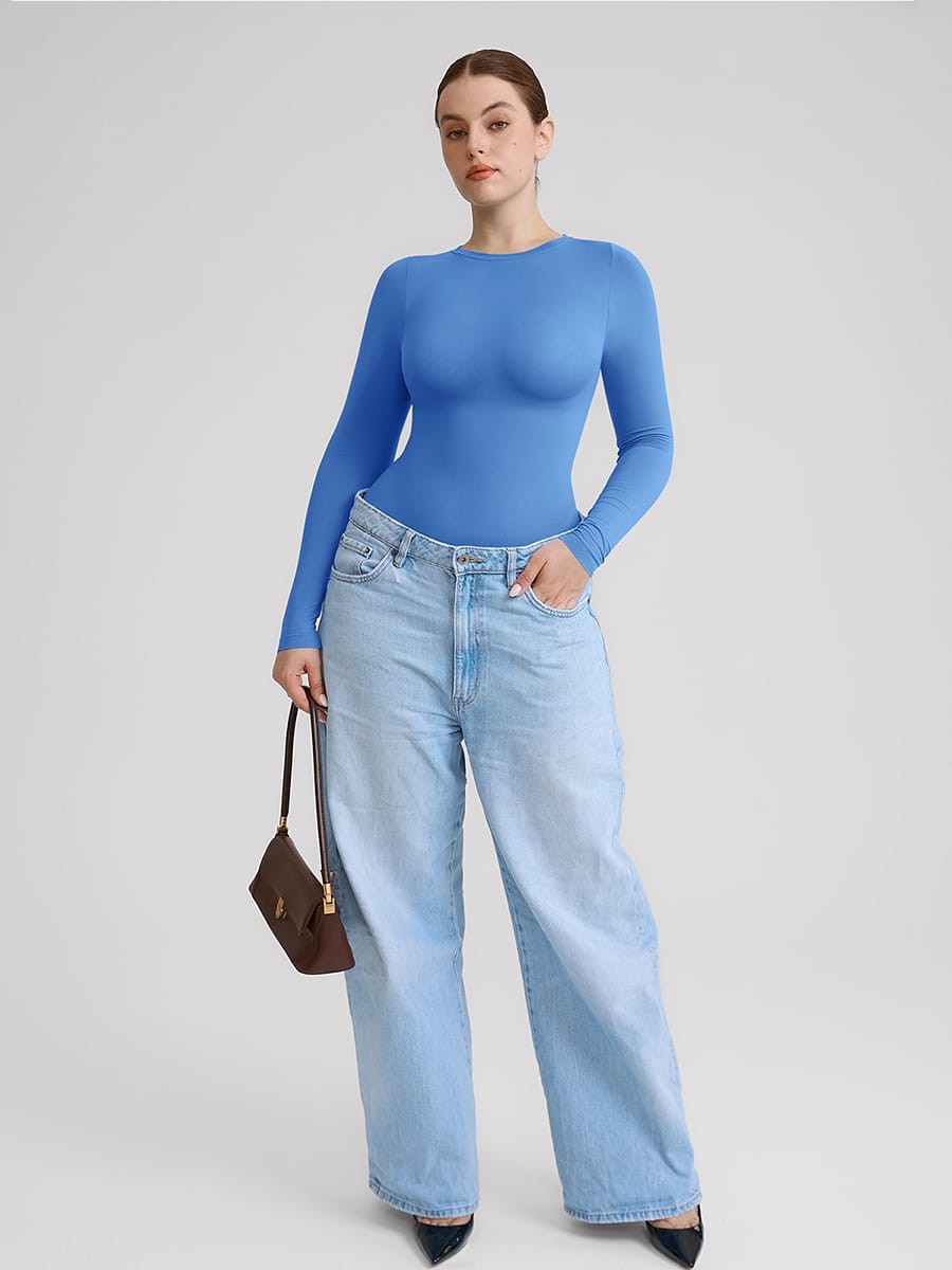 Wholesale Seamless Crew Neck Long Sleeve Tummy Control Snap Crotch Briefs Bodysuit SPU